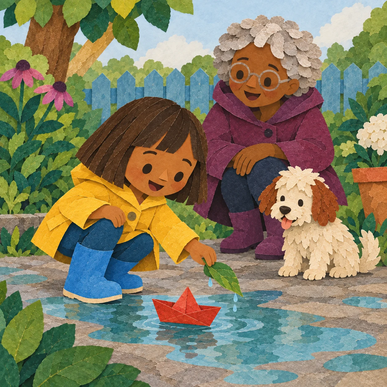Mila crouches by the puddle and lifts a green leaf to clear the red boat’s path.
